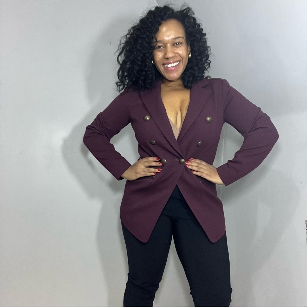 Doncaster burgundy plum purple wine cinched waist blazer double breasted jacket